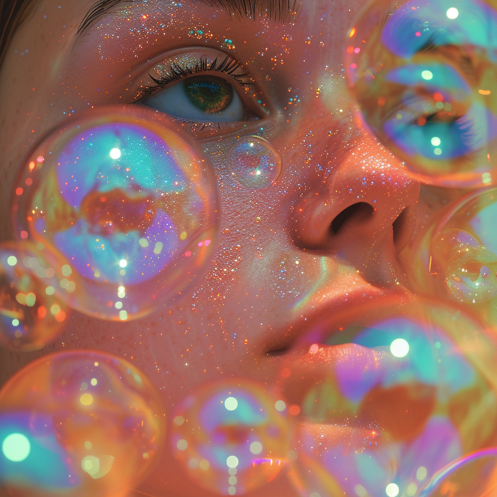 Aesthetic avatar of a person with green eyes surrounded by shimmering bubbles, perfect for a vibrant profile photo or pfp.