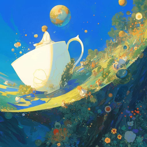 Illustration of a whimsical tea-themed avatar with a character sitting in a giant tea cup amidst a colorful, floral landscape and floating celestial bodies.