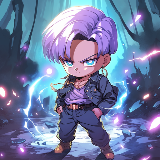 Chibi Trunks character with bright, colorful background.