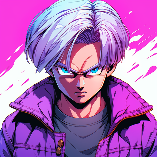 Pop artstyle Trunks from Dragonball anime, a profile picture - dynamic and colorful.