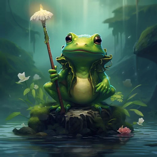 Frog avatar with a mystical vibe sitting on a rock amidst a serene pond, holding a staff with a glowing top, ideal for a fantasy-themed profile photo.