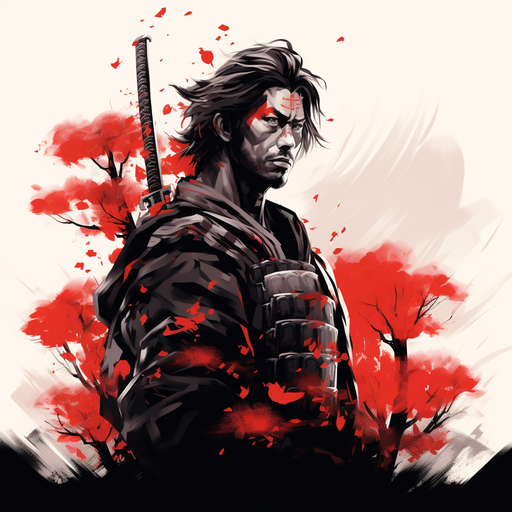 Samurai warrior in black and white with a red accent.