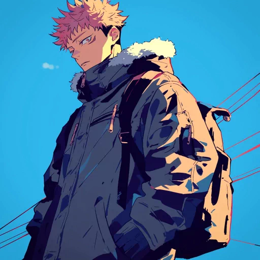 Stylized profile picture of an animated character with spiky hair wearing a winter jacket against a blue sky background.