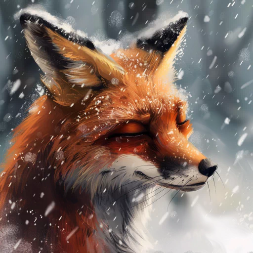 An illustrated fox in a snow-covered landscape, with snowflakes falling around its serene face.