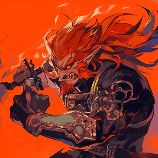 Illustration of a fierce Ganondorf avatar with fiery red hair and an intense expression, set against an orange background, perfect for a profile photo or gamer pfp.