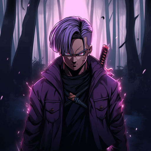 Trunks from Dragonball, a character with violet hair, wearing a serious expression.