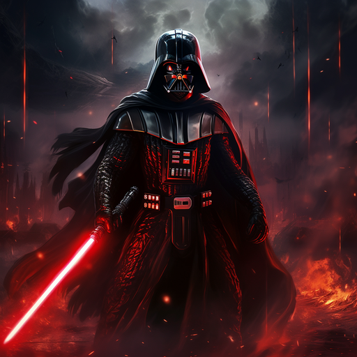 Darth Vader holding a red lightsaber, ready for battle.