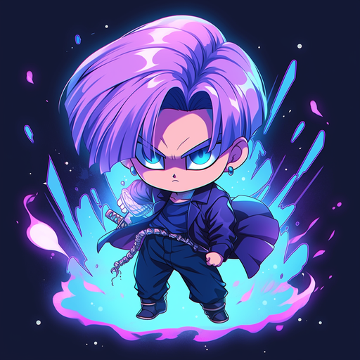 Chibi anime-style Trunks character with a vivid background from Dragonball anime.