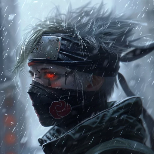 Kakashi avatar with intense gaze in a snowy backdrop for a profile photo.