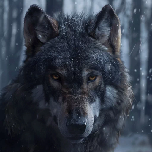 Intense wolf avatar with a snowy forest backdrop for profile photo use.