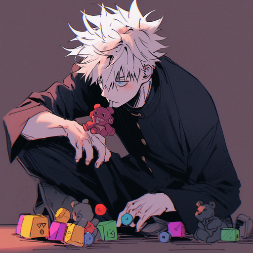 Gojo Satoru, playful with a toy, Jujutsu Kaisen, lo-fi style.