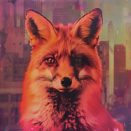 Colorful digital art of a fox in an urban setting, with neon hues and a cityscape background.