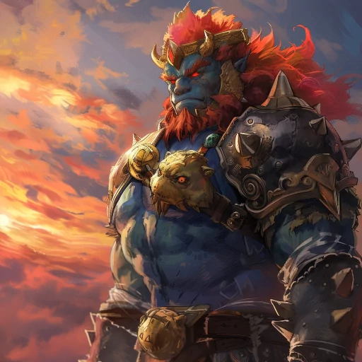 Illustration of a powerful blue-skinned fantasy warrior with red hair and armor set against a vivid sunset sky, perfect for a gaming avatar or profile picture.
