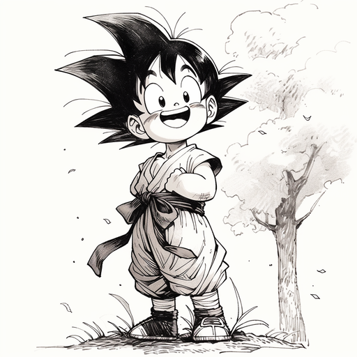 Smiling black and white depiction of Kid Goku from Dragon Ball manga.