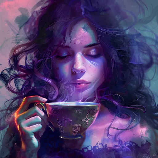 Mystical female avatar with serene expression holding a steaming cup, surrounded by swirling purple hues.