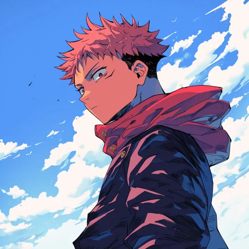 Stylized anime avatar of a character with spiky pink hair and a determined expression against a sky blue background.
