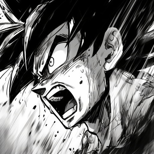 Goku from Dragon Ball Super manga, screaming with rage in black and white.