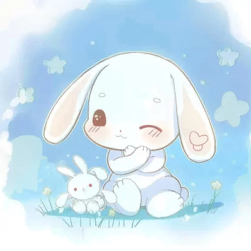 Cute Cinnamoroll profile picture featuring a smiling white cartoon rabbit with fluffy ears and a tiny bunny friend on a light blue background with soft clouds and stars.