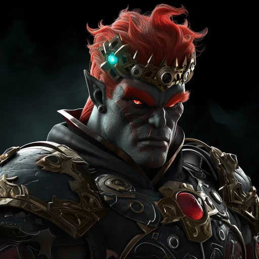 Digital rendering of a Ganon-inspired avatar with a menacing expression, featuring red hair, glowing eyes, and ornate armor.