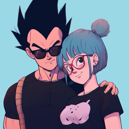 Vegeta and Bulma from Dragonball Z, a couple pfp with a niji aesthetic