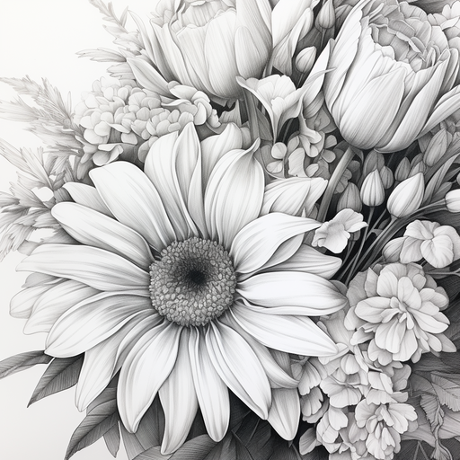 A beautifully sketched flower bouquet with detailed shading.