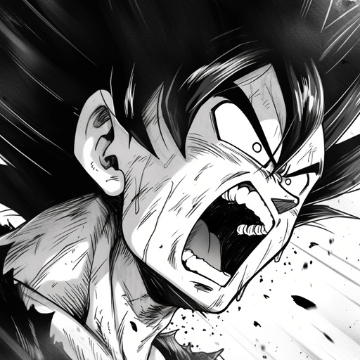 Intense black and white portrait of Goku from Dragon Ball Super manga, displaying a fierce screaming expression.