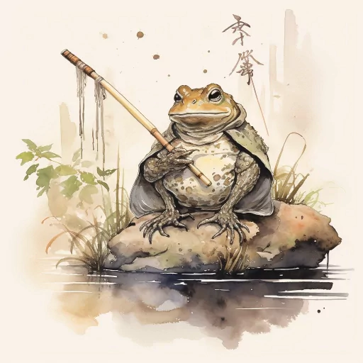 Illustration of a whimsical frog avatar holding a fishing rod, sitting on a rock with watercolor bamboo and foliage background. Perfect as a unique frog profile picture.