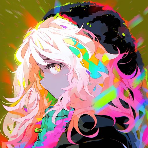 Anime-style portrait of a tired character with colorful hair and expressive eyes.