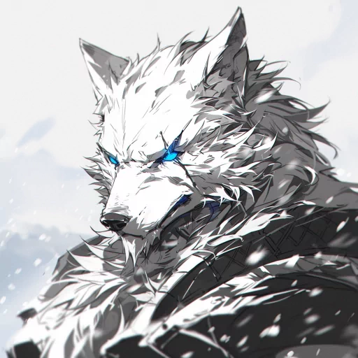 Wolf avatar for profile photo with striking blue eyes and dynamic shading.