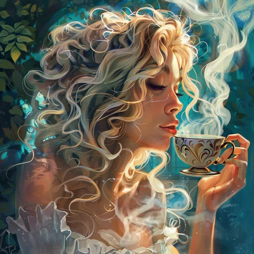 Illustrated woman's profile picture enjoying a cup of coffee surrounded by foliage.