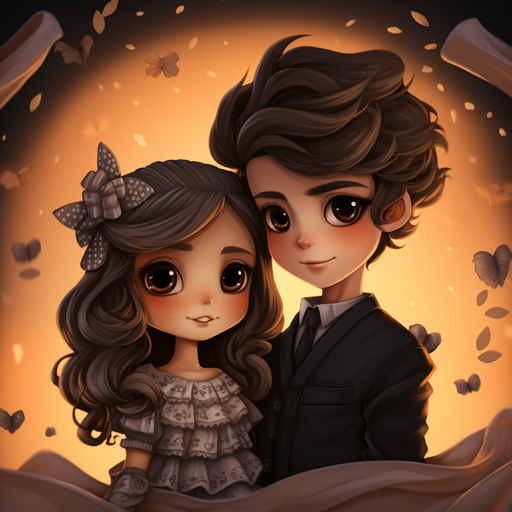 Chibi anime-style illustration of a couple with intricate details.