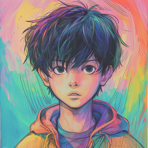 Omori character with colorful, crayon-inspired art style.