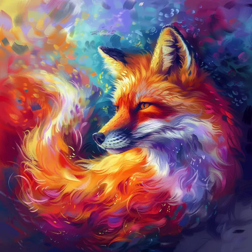 A vibrant digital painting of a fox with swirling orange, red, and purple fur, set against a colorful, abstract background.
