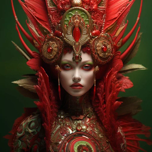 Queen avatar with a majestic red and gold headdress and regal attire, ideal for a profile photo or fantasy pfp.
