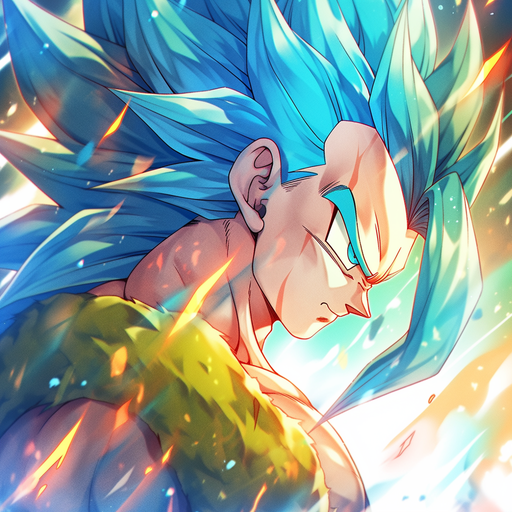 Gogeta, a powerful character from Dragon Ball Z, in a dynamic pose with vibrant, glowing effects.