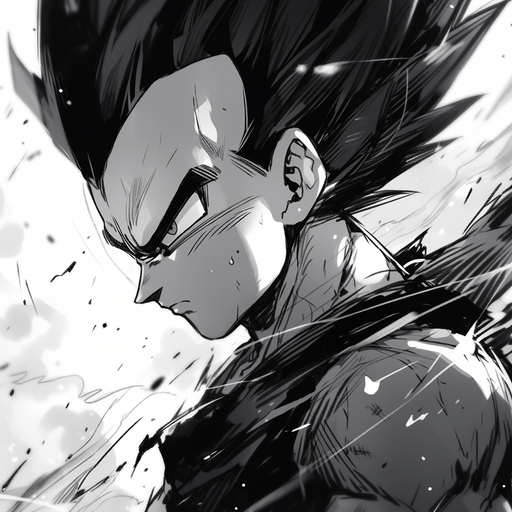 Vegeta from Dragonball in black and white.