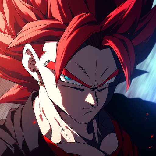 Dynamic and fierce Gogeta with vibrant red hair in expressive cold-colored style.