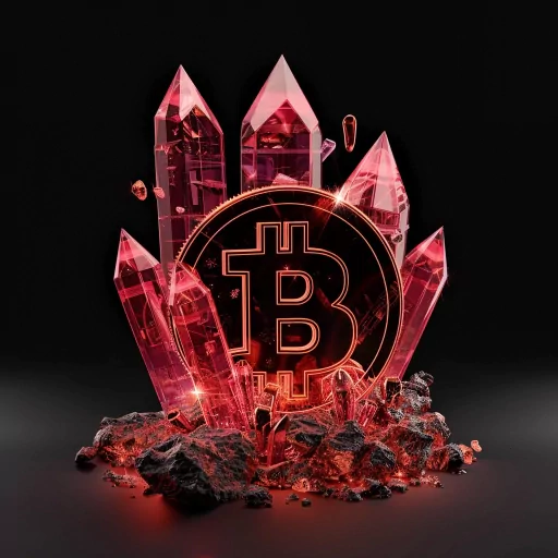 Bitcoin-themed avatar with a glowing BTC symbol and red crystal formations set against a dark background, suitable for a profile photo.