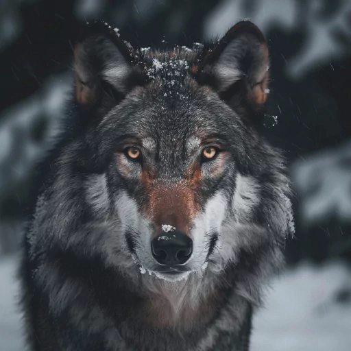 Intense wolf profile photo with captivating eyes in a snowy setting, ideal as a striking avatar image.