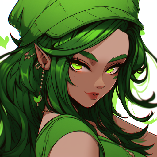 Green-haired epic girl with a captivating gaze.