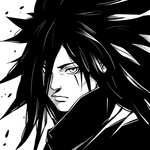 Madara Uchiha, a manga-style black and white portrait, fierce and determined.