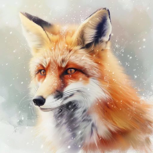 Digital illustration of a fox with a gentle expression amid falling snowflakes.