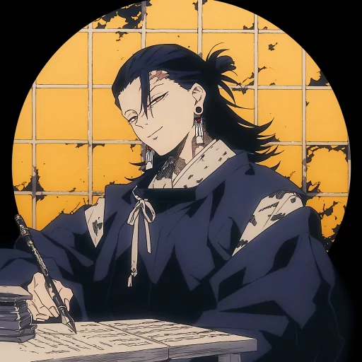 Illustrated avatar of a cool, stylized anime character with dark hair and traditional attire, writing, set against a yellow textured background for a profile image.