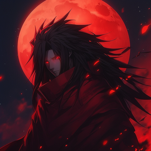 Madara Uchiha with striking hair and a red moon background.