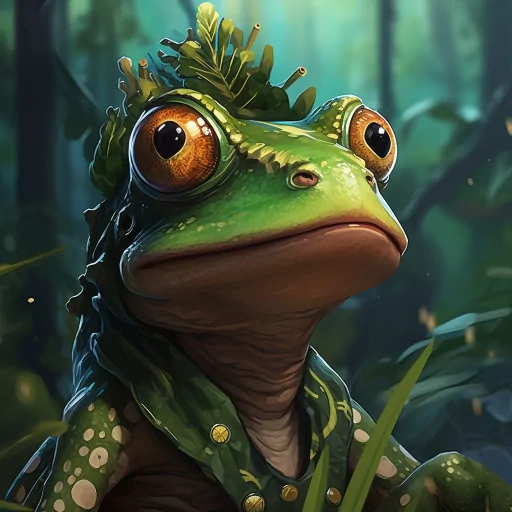 Illustrated frog profile picture with detailed forest background, perfect for a whimsical avatar or user icon.