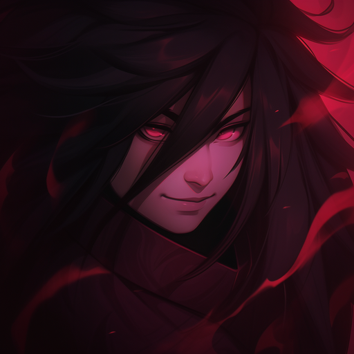 Smiling portrait of Madara, a character with an intense expression.