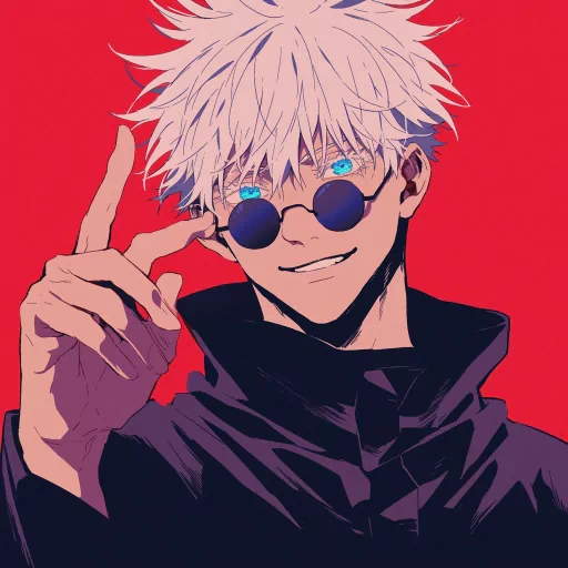 Anime-style avatar featuring a character with white hair and blue sunglasses against a red background, perfect for use as a profile photo or PFP with a Gojo theme.