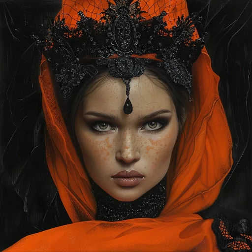 Intricate queen avatar with an ornate black crown and vibrant orange headscarf for a royal profile picture.