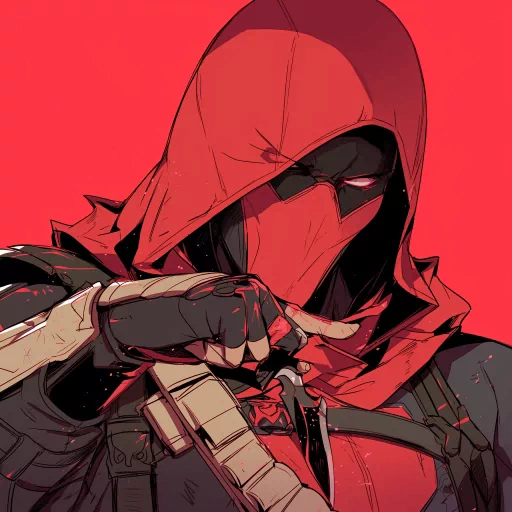 Stylized avatar of a character with a red hood and mask, in a dynamic pose against a red background – ideal for a profile photo or PFP.