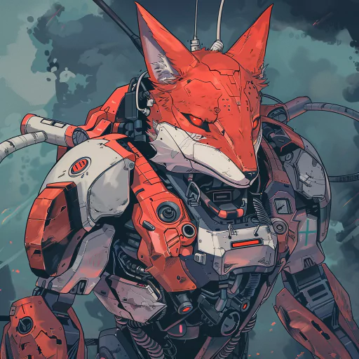 A red mech with a fox head and ears in a sci-fi setting, featuring mechanical details and antennas in the background.